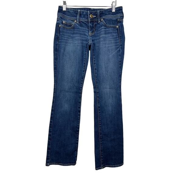 AMERICAN EAGLE Women Size 0 SHORT Bootcut Stretch SLIM BOOT Denim Blue Jeans - Picture 1 of 8